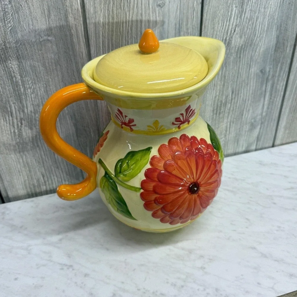 Hand Painted Ceramic Floral Pitcher with Lid Orange Flower Embossed Pottery